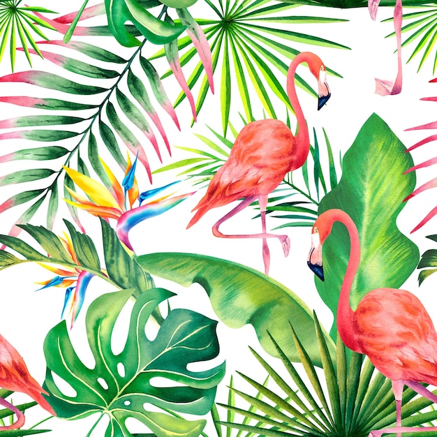 L'aquarelle est un motif sans couture de feuilles tropicales, de branches de palmiers, de fleurs de strelitzia et de flamants roses. L'illustration est faite à la main.