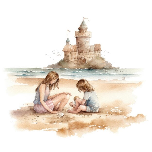 Aquarelle d'une famille construisant des châteaux de sable sur la plage