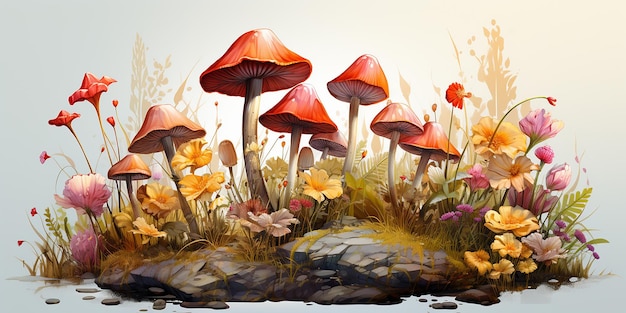 Aquarelle fantaisiste Clipart détaillé de champignons mignons