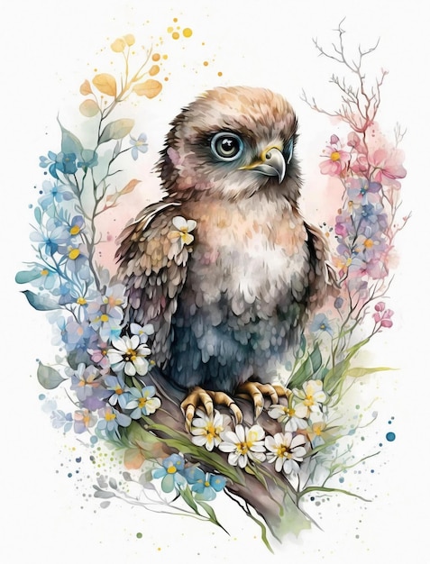Une aquarelle d'un faucon assis sur une branche avec des fleurs