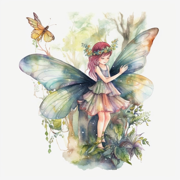 Une aquarelle d'une fée avec un papillon sur ses ailes