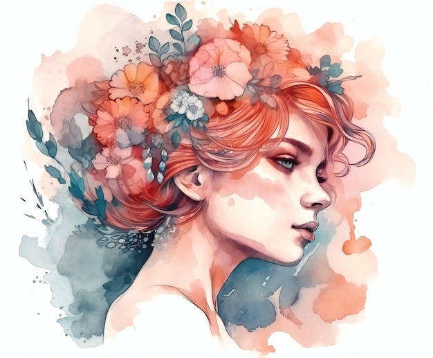 Une aquarelle d'une femme avec des fleurs sur la tête