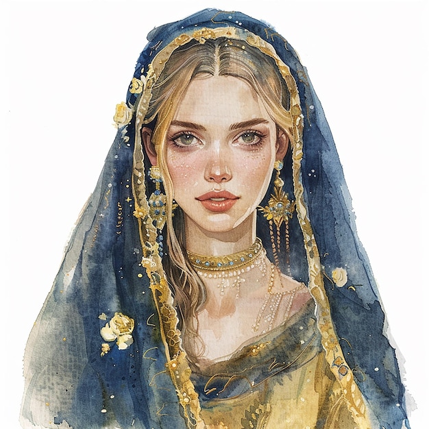 Aquarelle femme marocaine portant un foulard bleu et or avec des perles d'or sur la tête