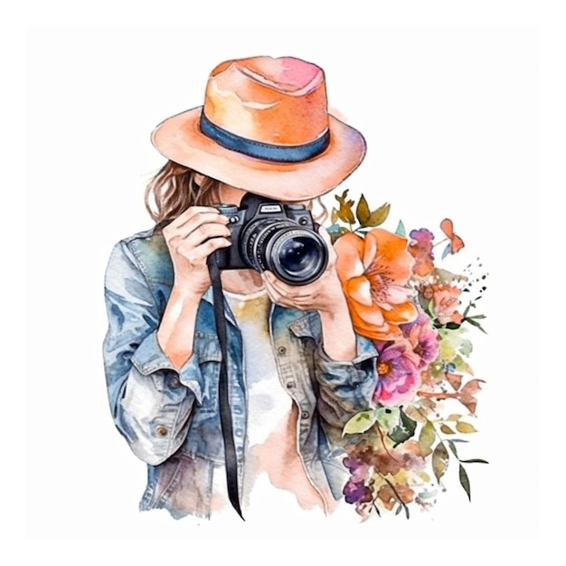 a, aquarelle, femme, photographe, à, fleurs, blanc, fond