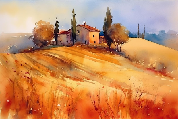 Une aquarelle d'une ferme en Toscane