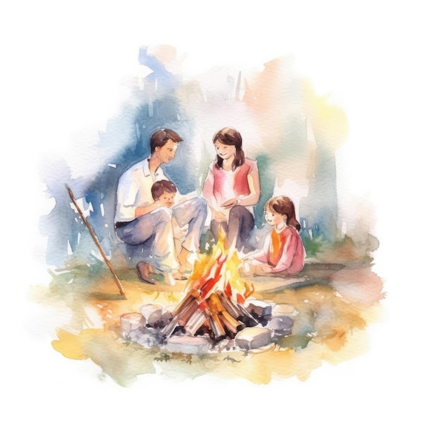 Aquarelle d'un feu de joie familial dans leur jardin