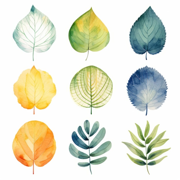 Photo aquarelle feuilles clipart ensemble indigo ambre vert jaune marine