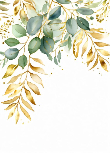 Aquarelle feuilles d'eucalyptus à la bordure verte et dorée fond de cadre de conception