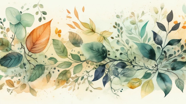 Une aquarelle de feuilles et de fleurs.