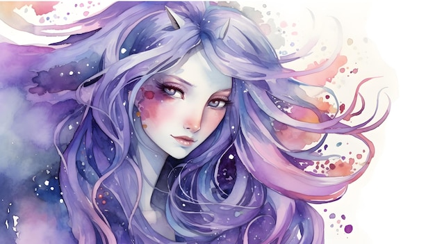 Une aquarelle d'une fille aux cheveux violets et aux cheveux violets.