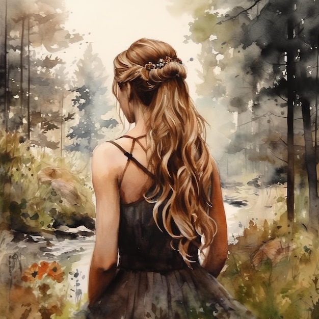 Une aquarelle d'une fille dans une forêt