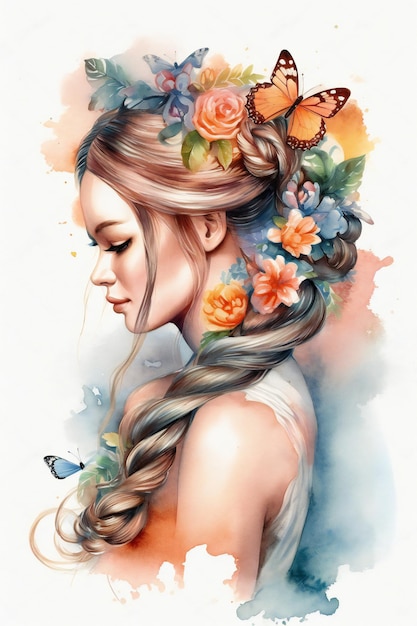 Une aquarelle d'une fille avec des fleurs dans les cheveux