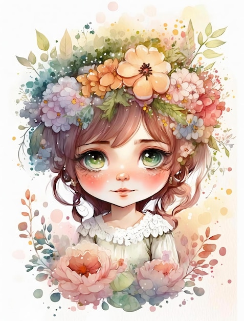 Une aquarelle d'une fille avec des fleurs sur la tête