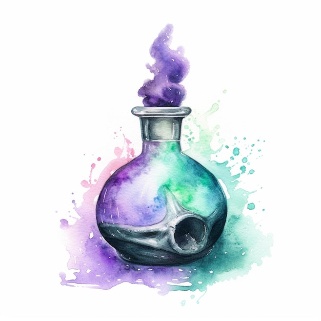 Une aquarelle d'une fiole d'où sort une fumée violette.