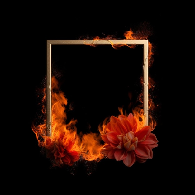 Photo aquarelle fleur feu floral beau cadre fond noir ai art généré