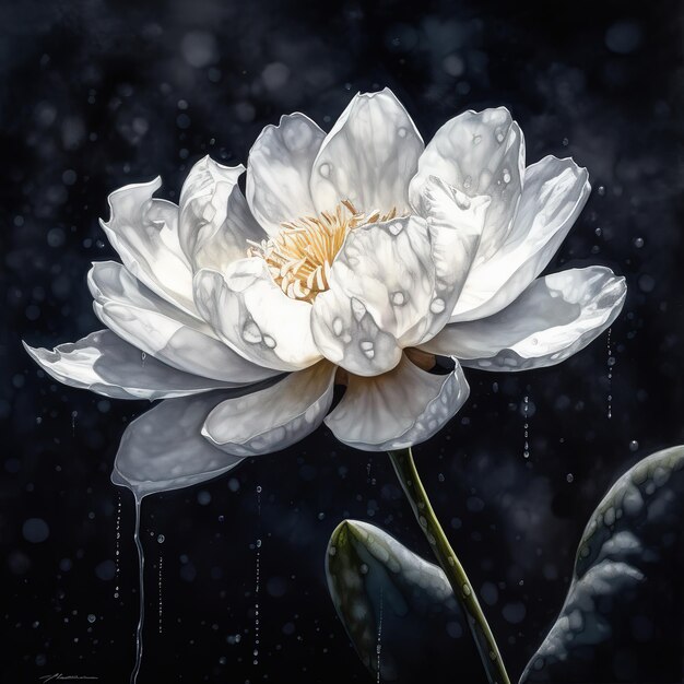 Une aquarelle d'une fleur de lotus blanche avec des gouttes d'eau dessus.