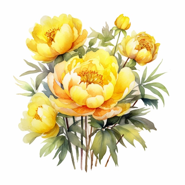 Une aquarelle d'une fleur de pivoine jaune