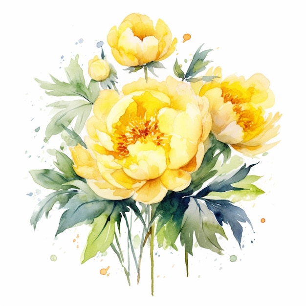 Une aquarelle d'une fleur de pivoine jaune.