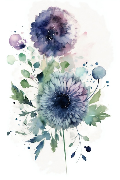 Une aquarelle de fleurs aux couleurs vertes et bleues.