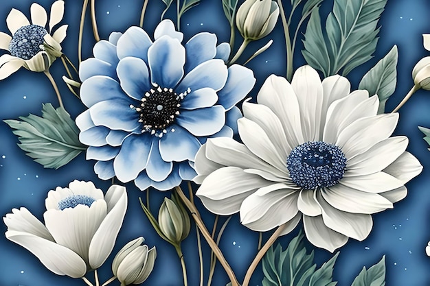 Aquarelle fleurs bleues et blanches poussiéreuses peinture art Fond et papier peint texture motif