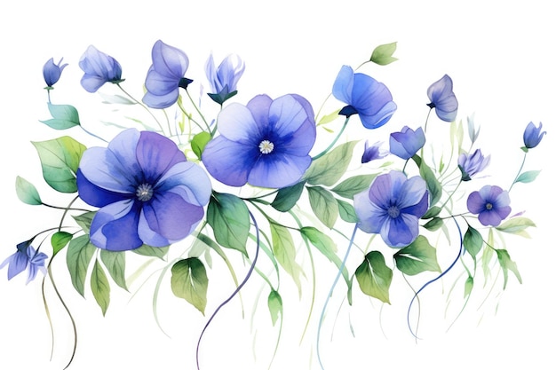 aquarelle de fleurs bleues avec des feuilles vertes et un ruban bleu.