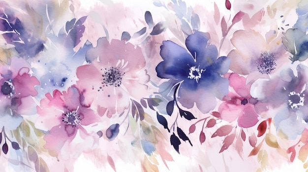 Une aquarelle de fleurs avec des fleurs roses et bleues.