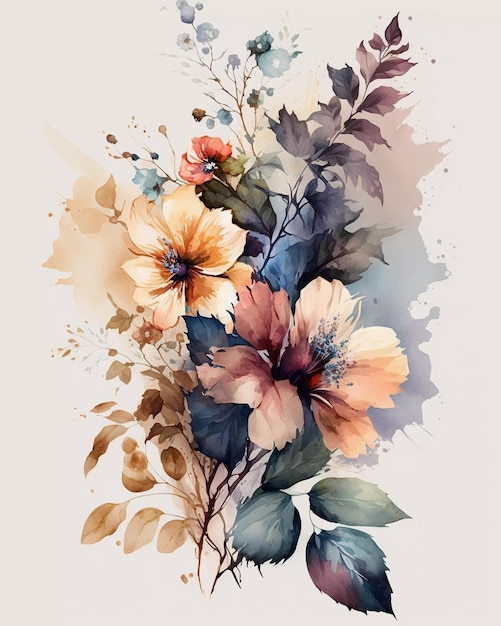 Une aquarelle de fleurs sur fond blanc.