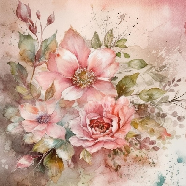 Une aquarelle de fleurs sur fond rose.