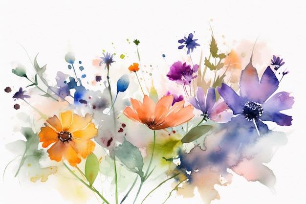 Une aquarelle de fleurs sur fond violet et orange.