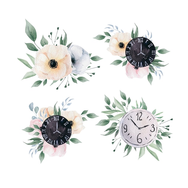 Aquarelle fleurs et horloge