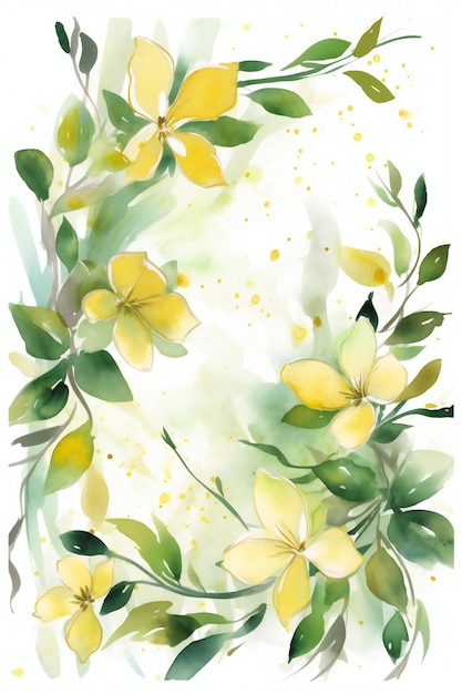 Une aquarelle de fleurs jaunes avec des feuilles vertes.