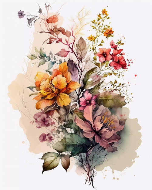 Une aquarelle de fleurs et d'un oiseau