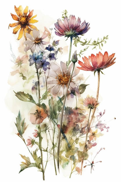 Une aquarelle de fleurs avec un papillon sur le côté gauche.