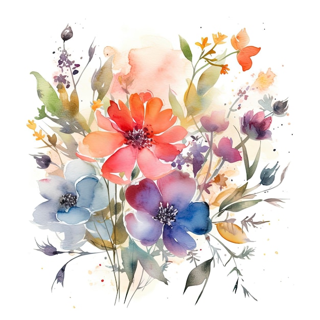 Une aquarelle de fleurs avec un papillon sur le fond.