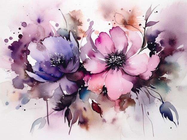 Une aquarelle de fleurs avec de la peinture violette et rose.