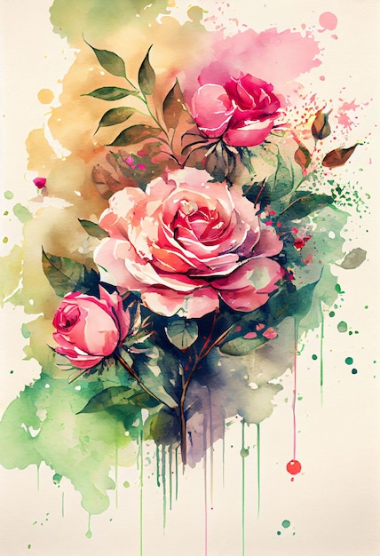 Aquarelle fleurs roses en fleurs avec fond splash