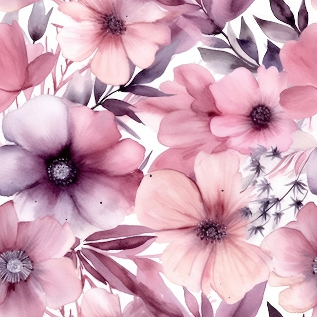 Une aquarelle de fleurs roses et violettes.