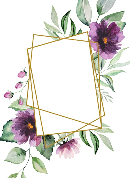 Aquarelle fleurs violettes et feuilles vertes cadre illustration isolé