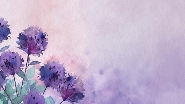 Une aquarelle de fleurs violettes sur fond rose.