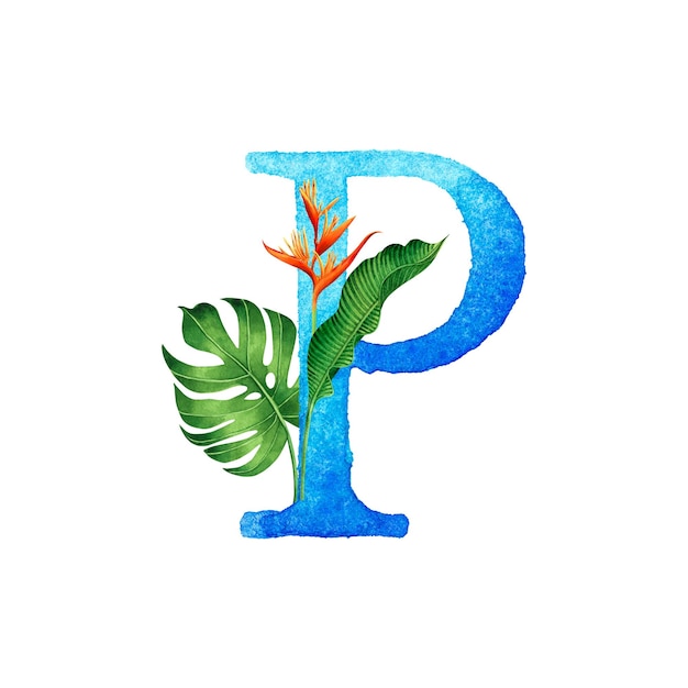 Aquarelle florale avec feuilles alphabet P typographie