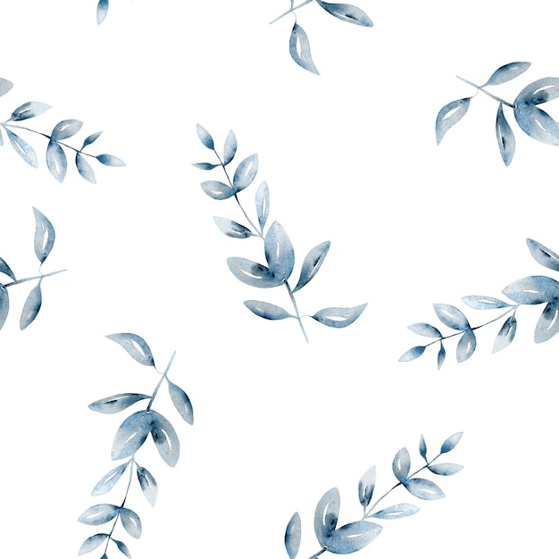 Aquarelle florale et feuilles transparente motif Feuillage transparente motif de branches bleues avec des feuilles illustration florale aquarelle sur fond blanc