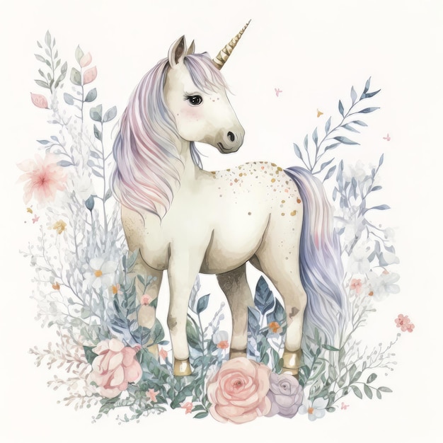 Aquarelle forêt dessin animé isolé mignon bébé licorne animal Illustration AI générative