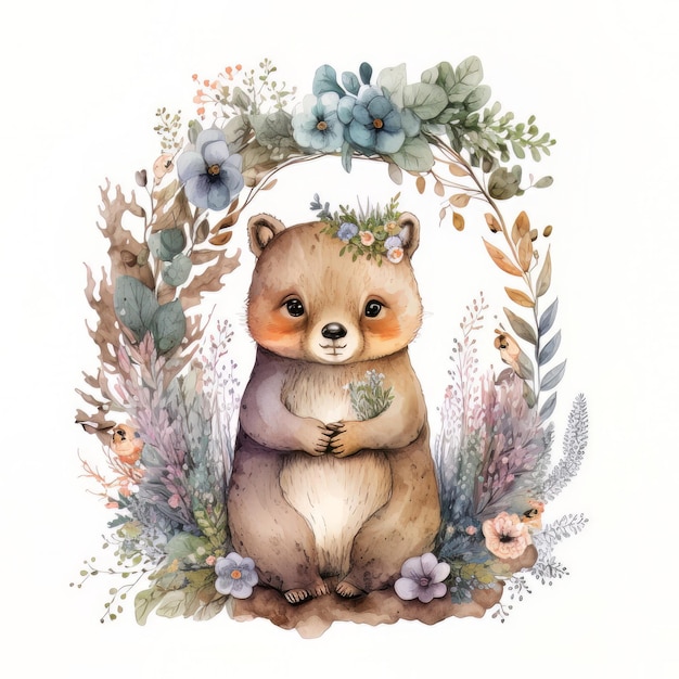 Aquarelle forêt dessin animé isolé mignon bébé ours animal Illustration AI générative