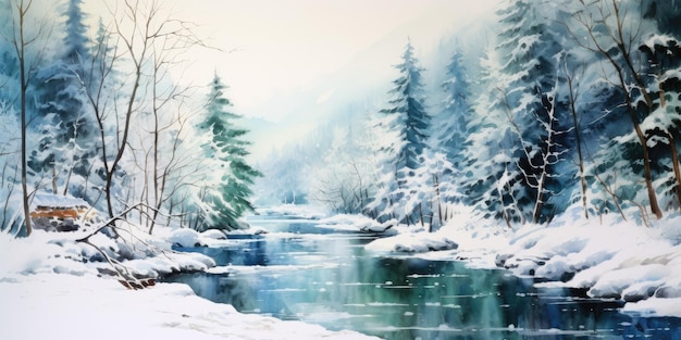 Aquarelle de forêt enneigée vintage Rivière sereine au pays des merveilles d'hiver Élégance nostalgique