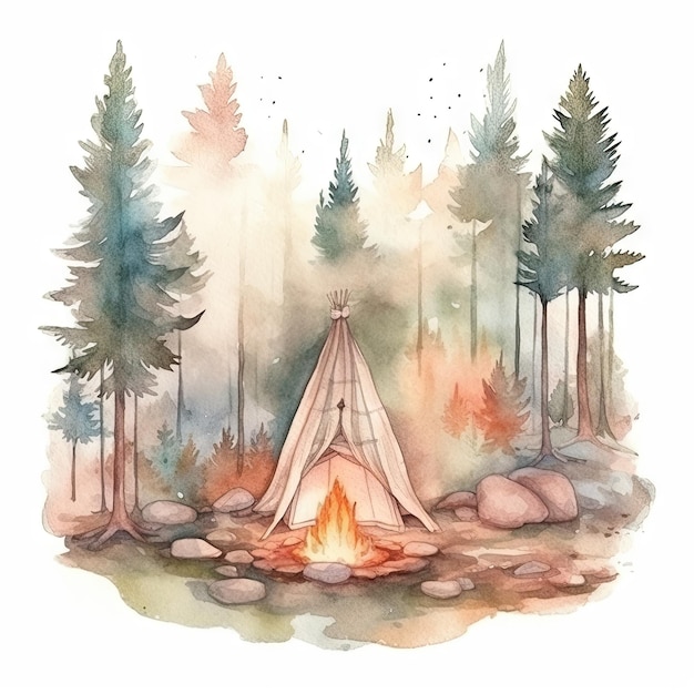 Aquarelle d'une forêt avec un feu de camp