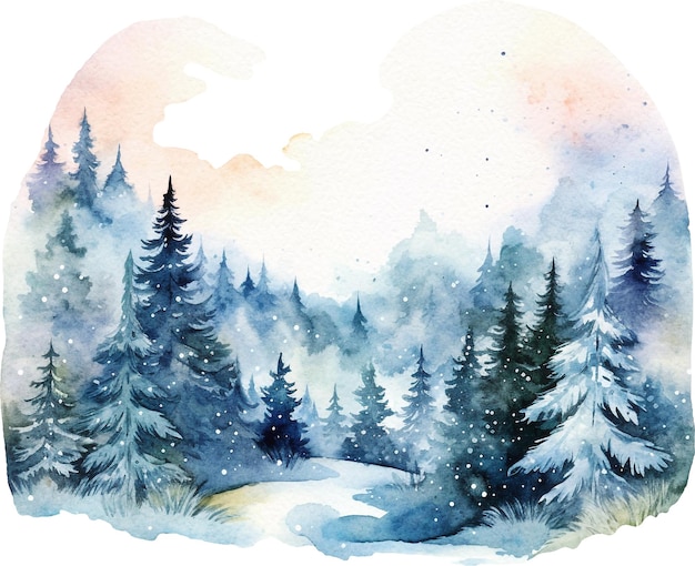 Aquarelle de forêt d'hiver isolée sur blanc