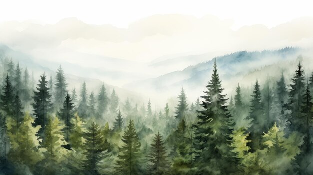 Photo aquarelle de la forêt de pins autrichienne peinture d'un paysage luxuriant avec des montagnes et du brouillard
