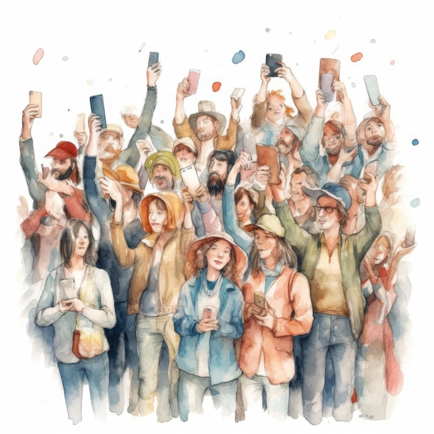 Aquarelle d'une foule de personnes brandissant leur téléphone