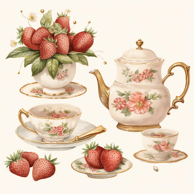 Aquarelle Fraise vintage tea party aquarelle clipart illustration