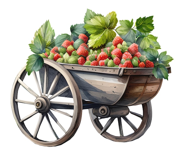 Aquarelle fraises juteuses rouges avec feuilles et coule dans un chariot rustique en bois Illustration alimentaire F